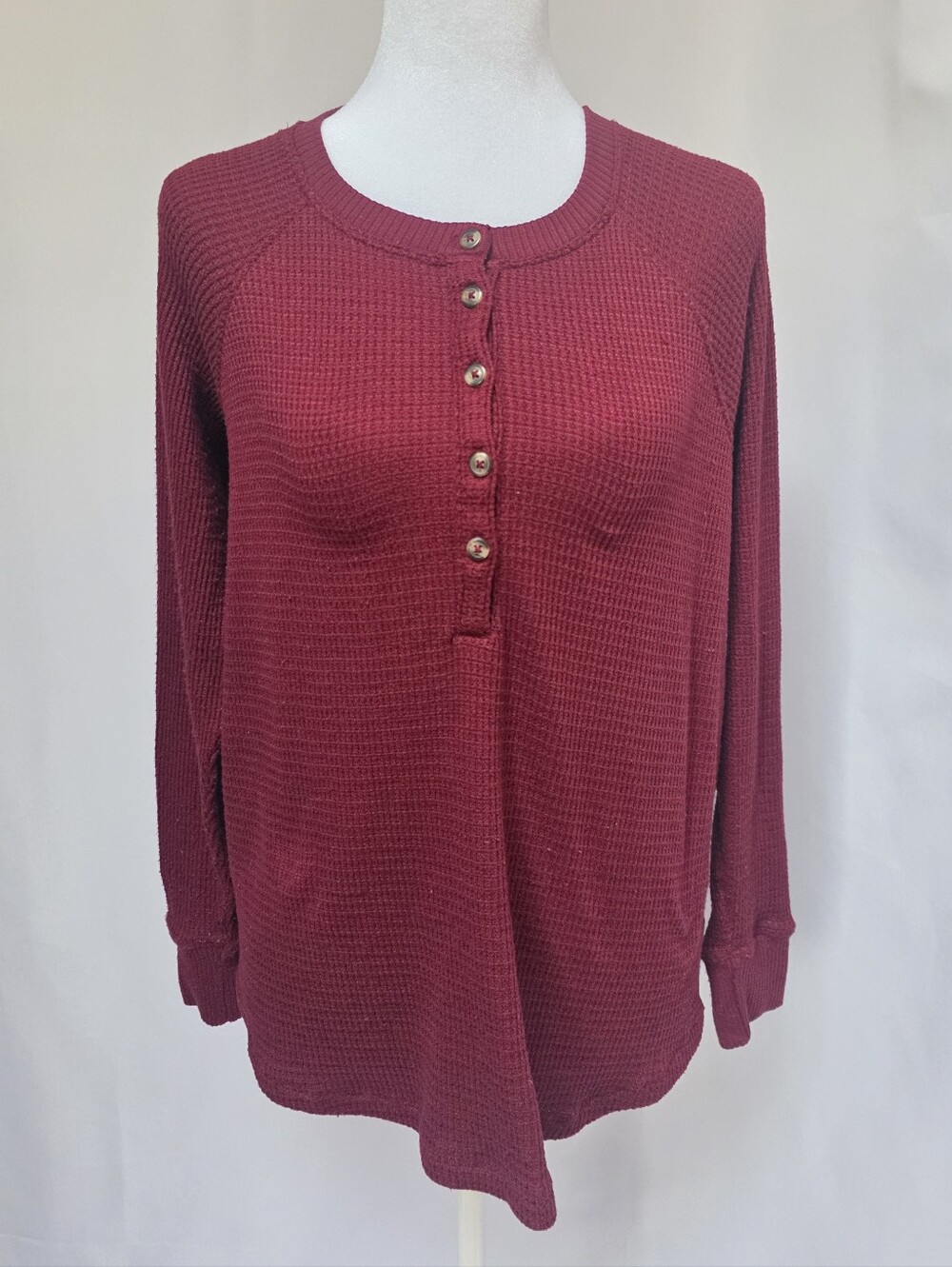 American Eagle Burgundy Waffle Knit Henley Long Sleeve Thermal Top S